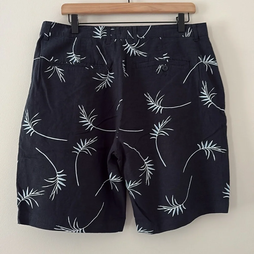 Magaschoni Man Linen Blend Palm‎ Printed Shorts Flat Front Navy White Size 33